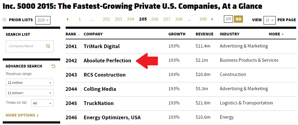 Screenshot of Inc 5000 List