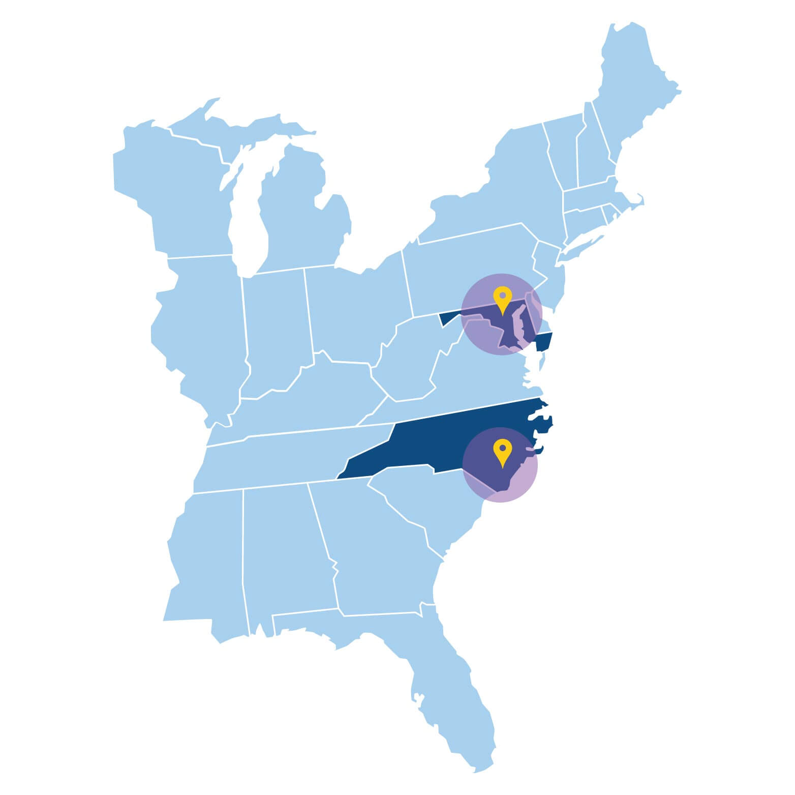 AP-Tinting-service-areas-maryland-north-carolina-residential window tinting blue map of the east coast of the united states with pins dropped on maryland and North carolina