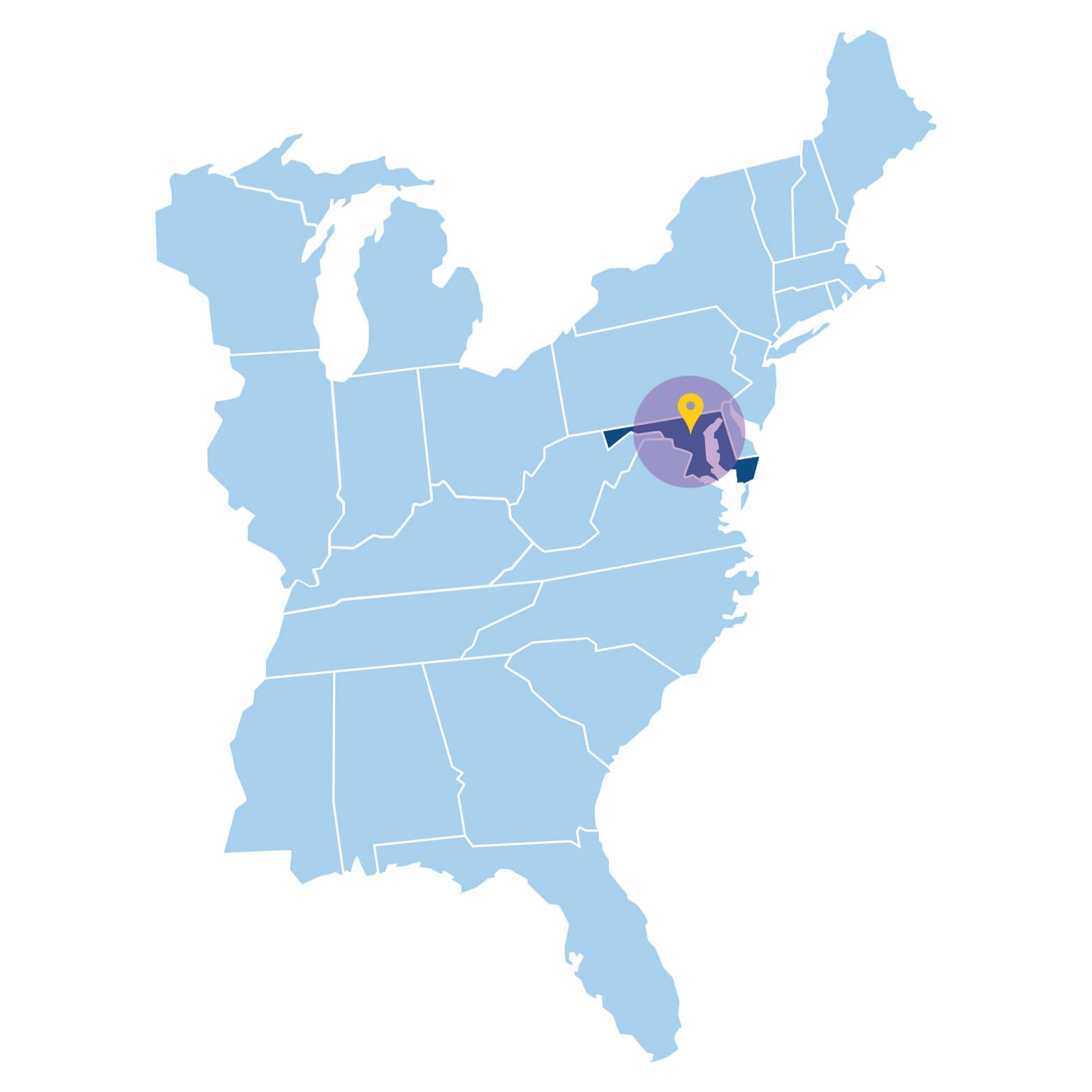 AP-Tinting-service-area-fleet-transportation-graphics-maryland blue map of the east coast of the united states with pin dropped on maryland