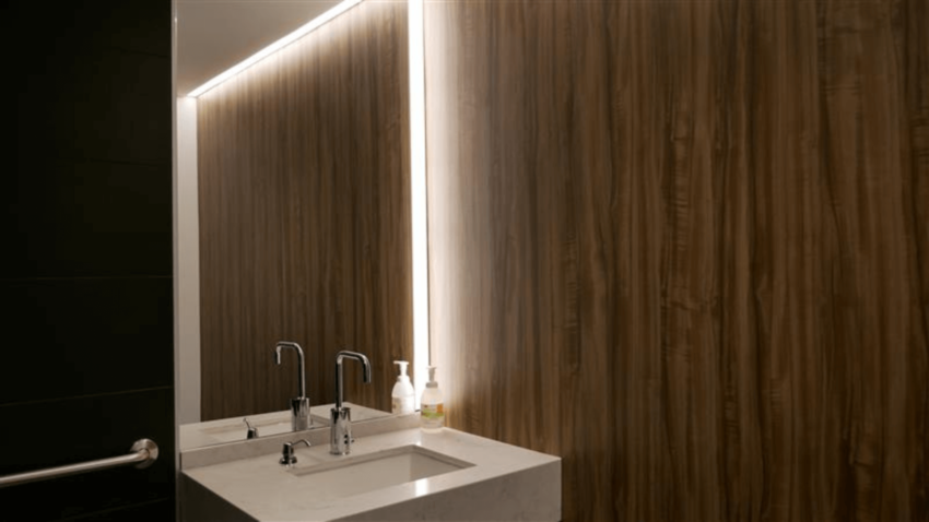 bathroom with brown wood-look architectural finish