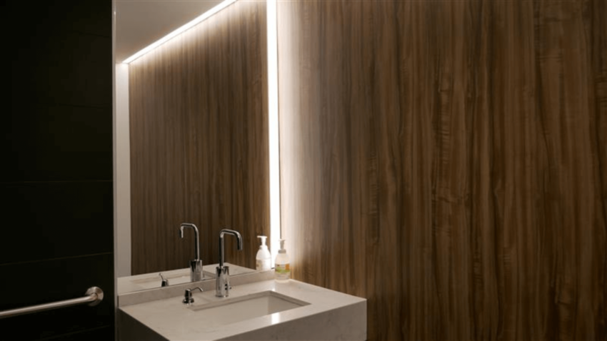 natural-look-Architectural-Finishes bathroom with brown wood-look architectural finish