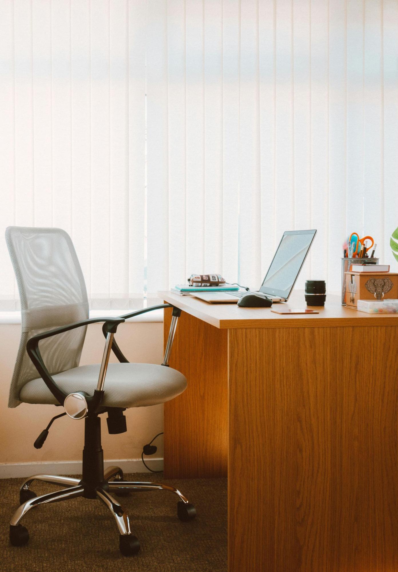 Office with Chair, Desk, and Blinds