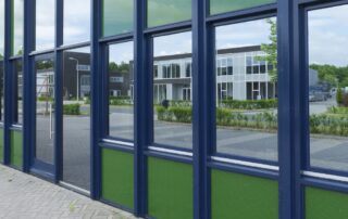 Smart tinted windows in an office building.