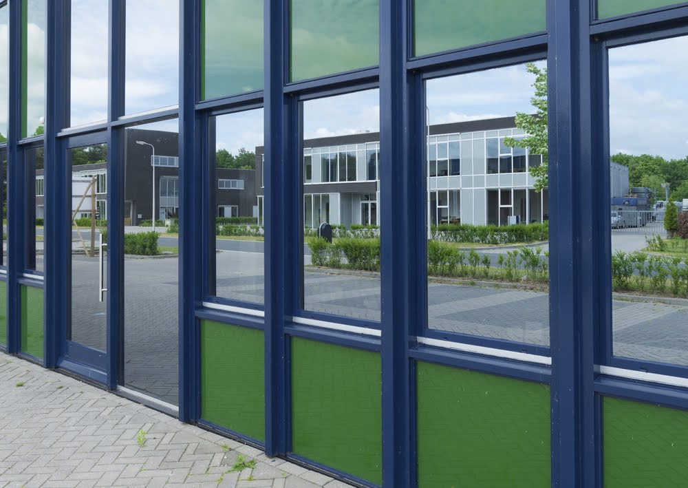 Smart tinted windows in an office building.