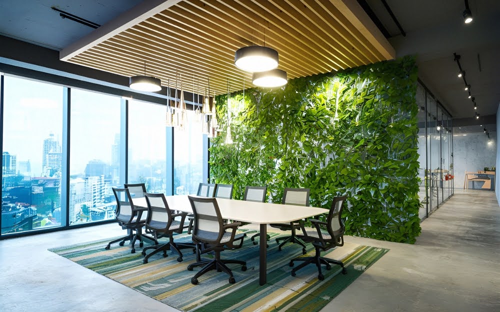 A modern workspace with smart lighting and modern design features that help conserve energy in the office.